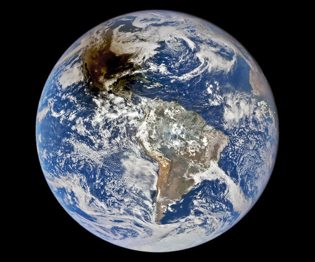 During a solar eclipse, a satellite image shows the shadow of the moon passing over the United States.