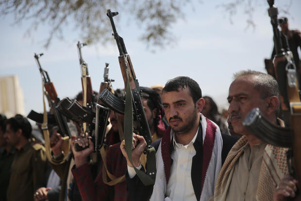 A November 24, 2021, file photo shows Houthi fighters attending the funeral of fellow rebel fighters killed in fighting with forces of Yemen's internationally recognized government, in Sanaa, Yemen. 