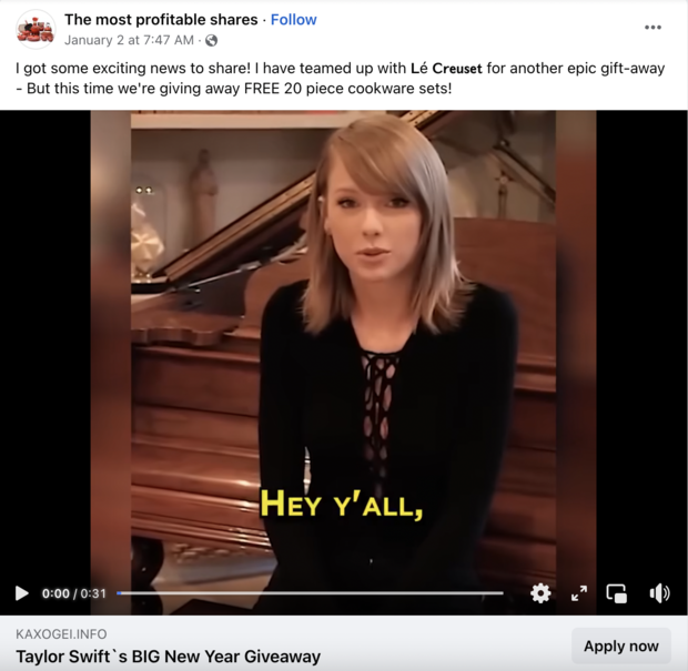 Artificially intelligent advertisements utilizing Taylor Swift's image deceive followers with a fraudulent Le Creuset prize offering.