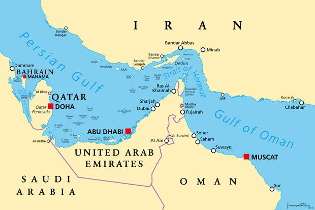 Strait of Hormuz, waterway between Persian Gulf and Gulf of Oman, map 