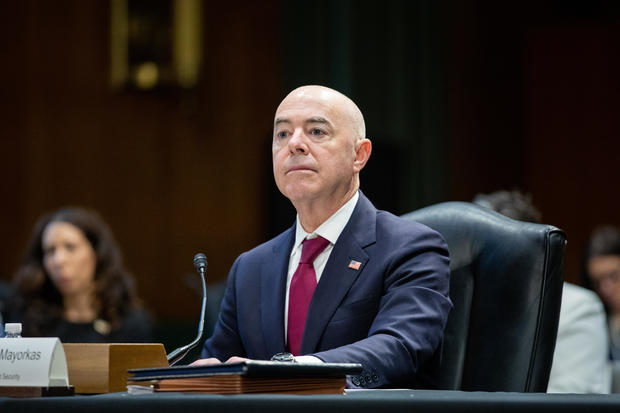 Secretary of Homeland Security Alejandro Mayorkas responds to lawmakers' questions during a Senate hearing in Washington, D.C., on May 4, 2022. 