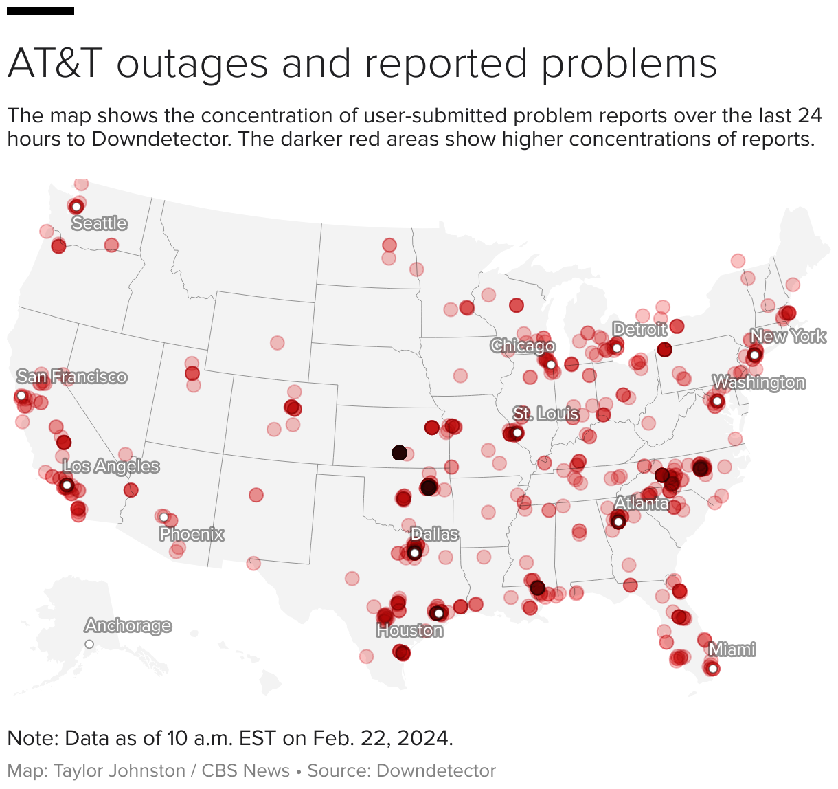 The outage map displays the areas where AT&T cellular service experienced disruptions for users throughout the United States.