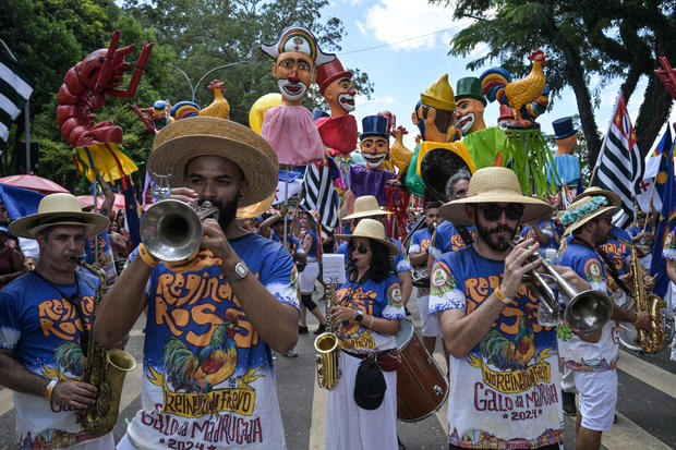 Costumed dancers at Carnival celebrations in Sao Paulo, Brazil 