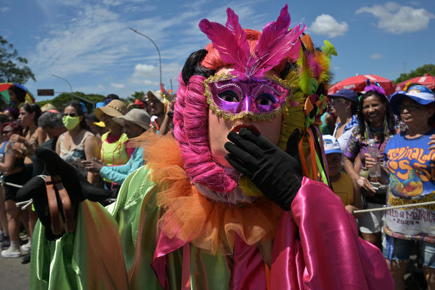 Costumed dancers at Carnival celebrations in Sao Paulo, Brazil 