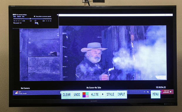 A still from a video clip displayed at the First Judicial District Courthouse shows actor Alec Baldwin during 