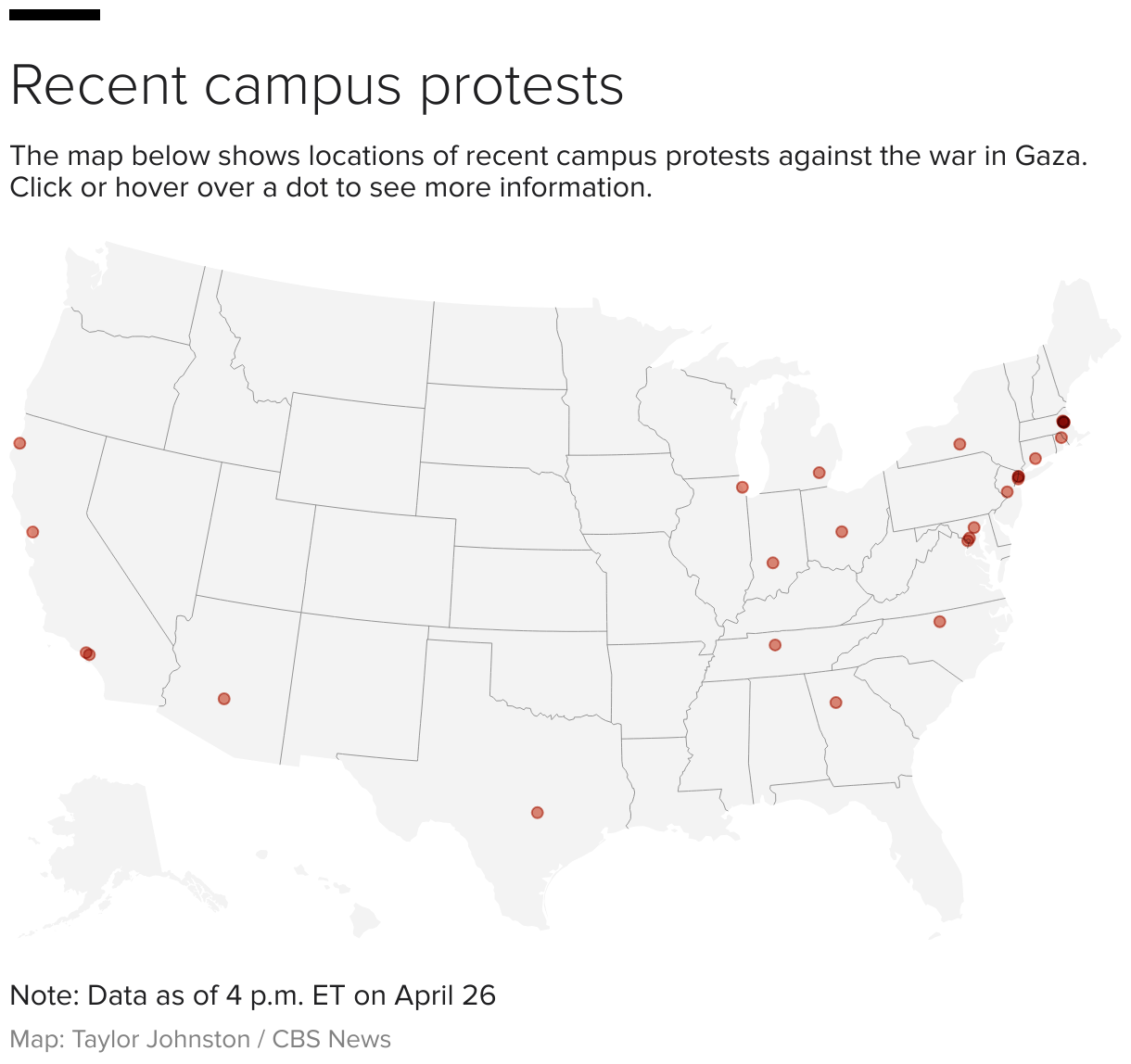 U.S. map showing locations of recent campus protests.