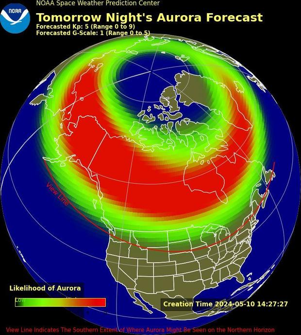 A map from the Space Weather Prediction Center shows the aurora forecast for the U.S. on May 11, 2024. 