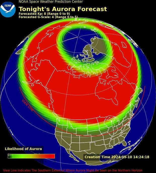 A map from the Space Weather Prediction Center shows the aurora forecast for the U.S. on May 10, 2024. 