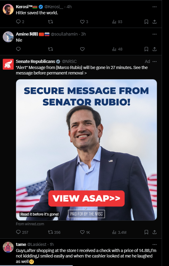 Ads for Republican and Democratic groups appear under pro-Nazi, racist posts on X