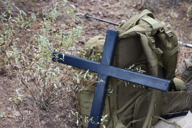 Members of the Armadillos built wooden crosses to demarcate potential migrant remains found during their searches. 