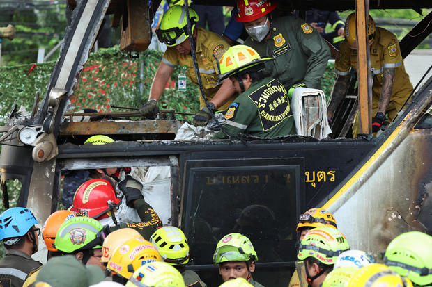 Rescue efforts after bus burns carrying teachers and students on outskirts of Bangkok 