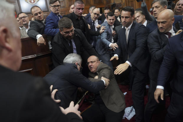 Lawmakers brawl in Serbia parliament amid accusations over train station roof collapse that killed 15 people