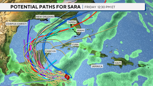 Tropical Storm Sara potential paths map 