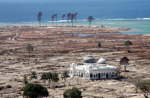 mosque still standing in the middle of the devastated town of Banda Aceh. Indonesia, two weeks after the deadly Indian Ocean tsunami 