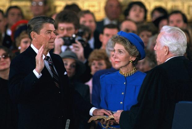 President Ronald Reagan is sworn in during inaugural ceremonies in the Capitol Rotunda on Jan. 21, 1985. 